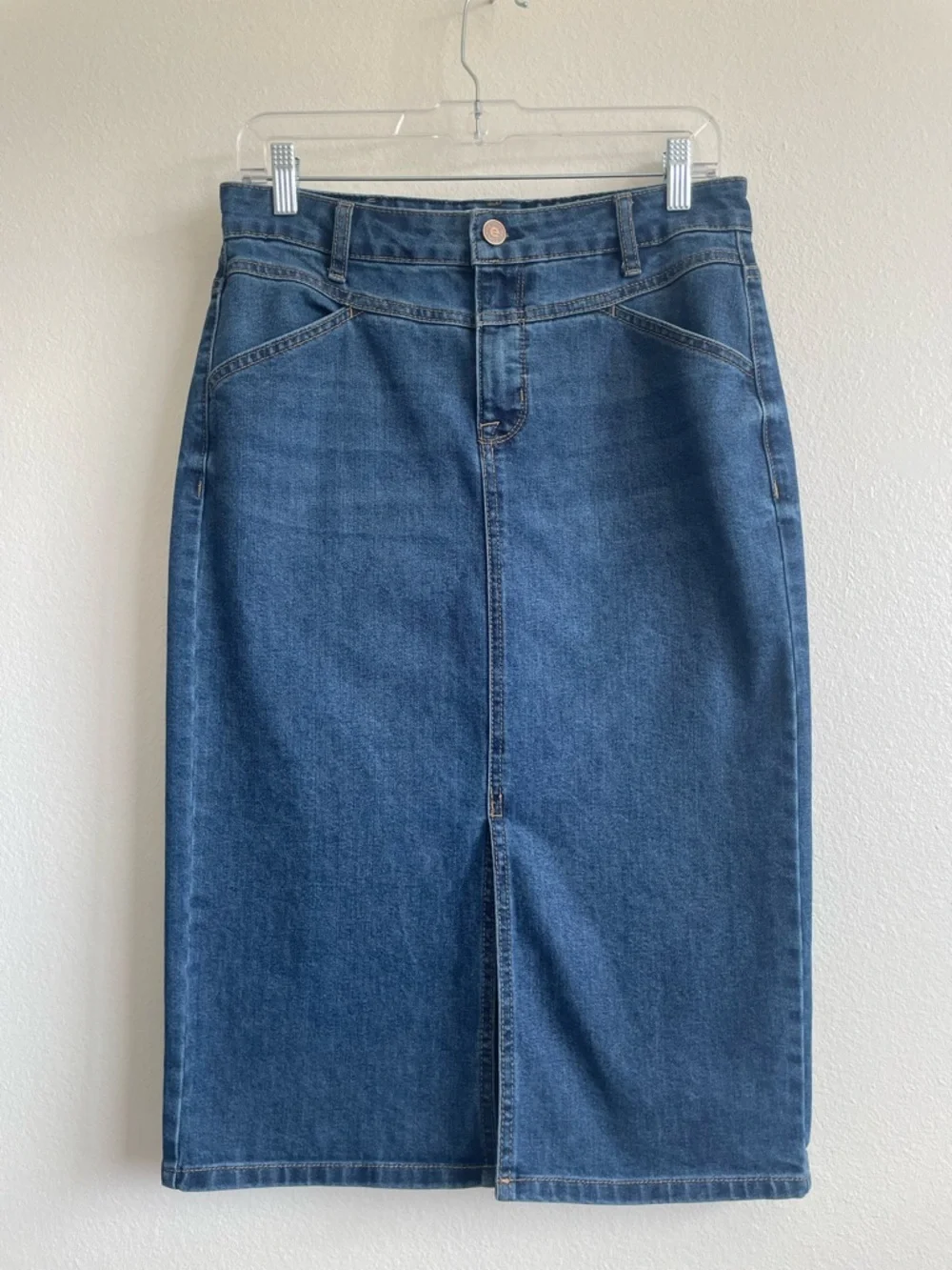 Edited x Hunter McGrady Denim Midi Skirt High Rise Front Slit Stretch Blue - 2